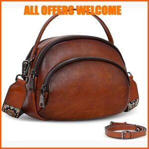 Genuine Leather Crossbody Bag with Multi-Pockets and Adjustable Straps